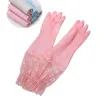 Pink flower-patterned rubber gloves, thickened anti-slip and wear-resistant cleaning gloves for household use Item Picture
